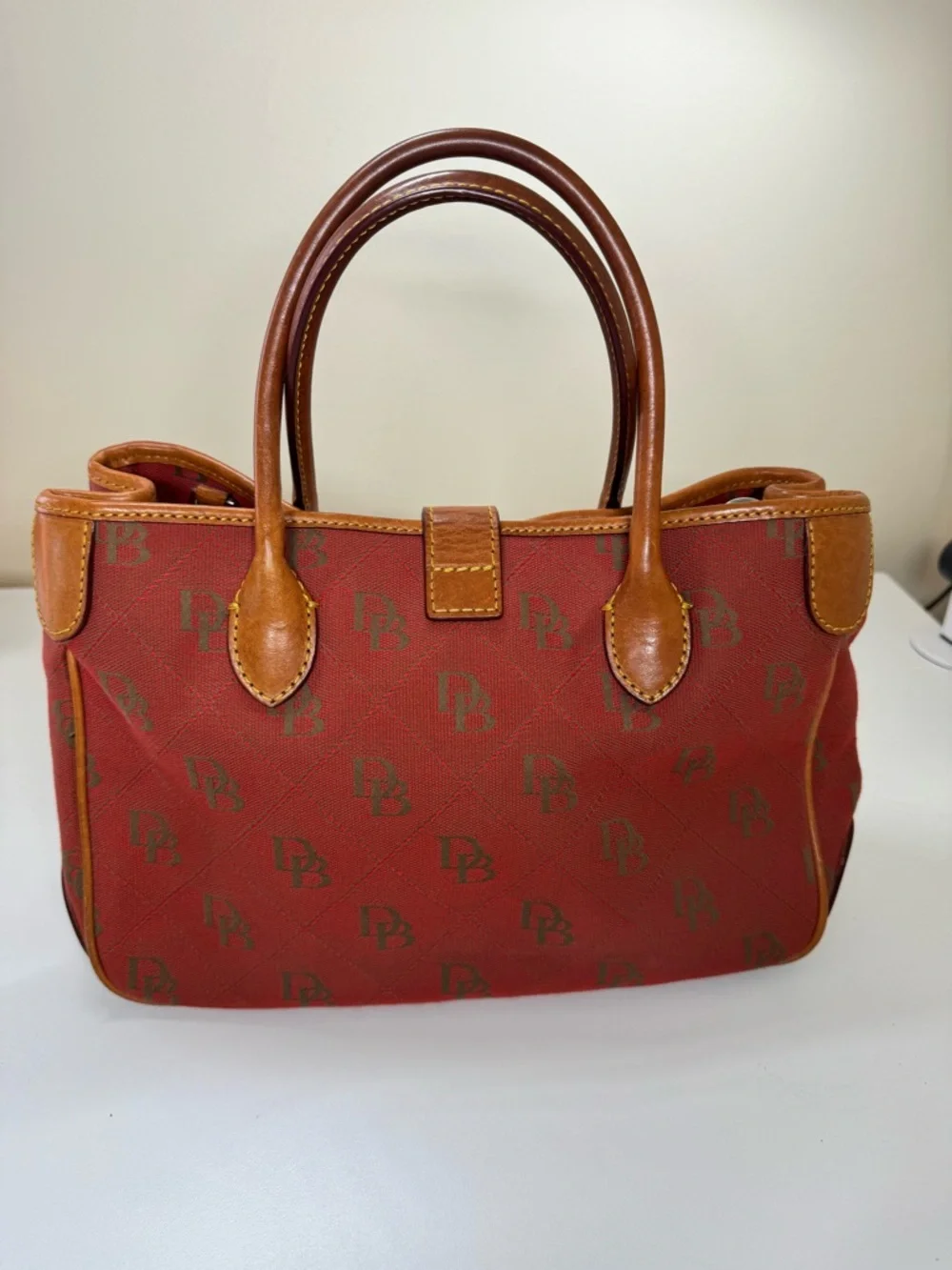 Dooney & Bourke Red Satchel with Brown Leather Trim